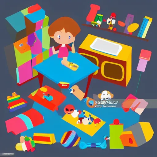 Prompt: a flat vector art scene of an open suitcase sits on a table, the open suitcase contains a vast pile of toys, the pile of toys rises all the way to the ceiling, the pile of toys blocks the background, a woman stands next to the table and suitcase, the woman holds more toys