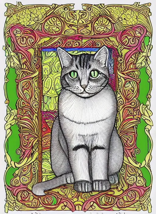 Prompt: cat, colouring page, colored with colored pencil, ornament, art nouveau, lineart, centered