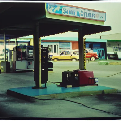 Image similar to Ashoka at a gas station, 90s polaroid, by Saul Leiter, Jamel Shabazz, Nan Goldin