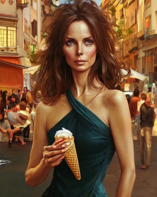 Image similar to Portrait of Barbara Bach from the bond film eating ice creams in Porto,real life skin, intricate, elegant, highly detailed, artstation, concept art, smooth, sharp focus, art by artgerm and greg rutkowski and alphonse mucha