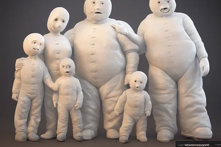 Image similar to alabaster light scatter translucent sculpture of the Bibendum family portrait, backlight, Michelin Man family portrait, luminescence, sculpture, photograph, studio lighting, product photography, while marble, figurine, unreal engine, cryengine,