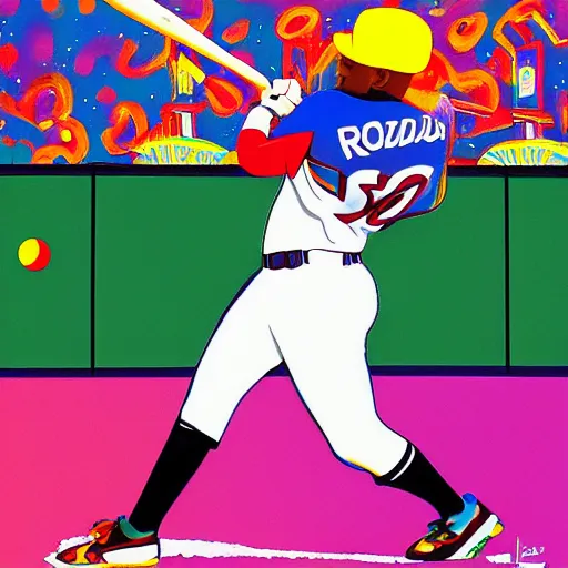 Prompt: Julio Rodríguez hitting a home run, 4k, by Lisa Frank