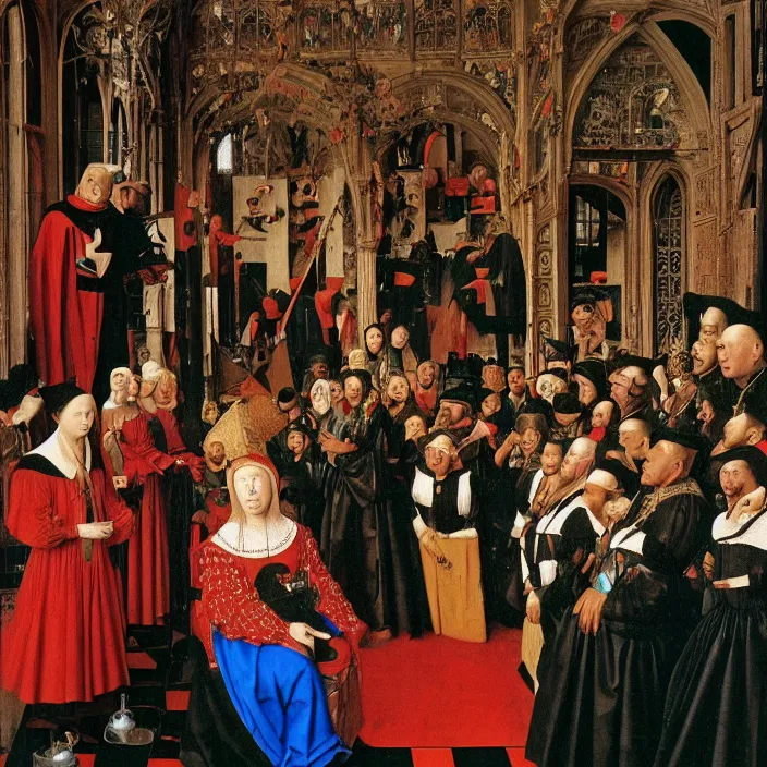 Prompt: a sad woman in a wheelchair surrounded by dancers, by Jan van Eyck