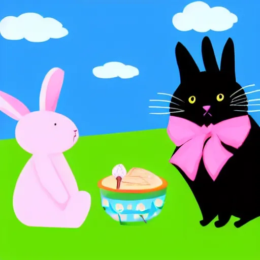 Prompt: A black cat and a rabbit having a picnic, the rabbit has pink fur.