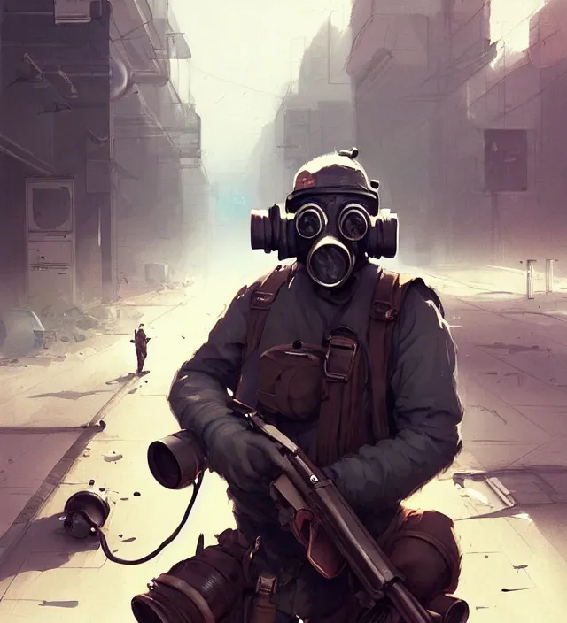 Image similar to a man wearing gas mask, holding shotgun, running on the street full of people, no one notice him. concept art by rossdraws, james jean, andrei riabovitchev, marc simonetti, sakimichan, trending on artstation