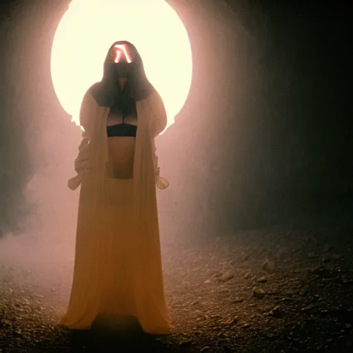 Prompt: levitating beautiful pale woman with white flowers and full - face golden mask inside a thick black smoke in rocky desert landscape, glowing eyes everywhere, dey earth by gaspar noe and christopher doyle, anamorphic lens, anamorphic lens flares, kodakchrome, cinematic composition, practical effects, award winning photo, 8 k