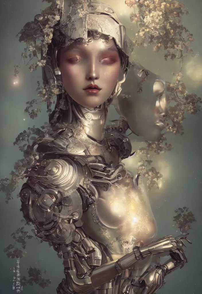 Image similar to portray of beautiful robot girl with porcelain wet glossy skin, look like a 3d model, alive statue, Ivan Bilibin, Ross Tran, Tom Bagshaw