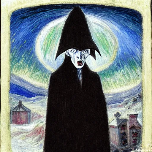 Prompt: Nosferatu in an igloo painting an impressionist self-portrait