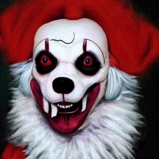 Image similar to a canine Pennywise, creepy, realistic