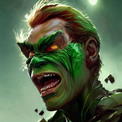 Image similar to the green goblin closeup portrait, dramatic light, lake background, 2 0 0 mm focal length, painted by stanley lau, painted by greg rutkowski, painted by stanley artgerm, digital art, trending on artstation