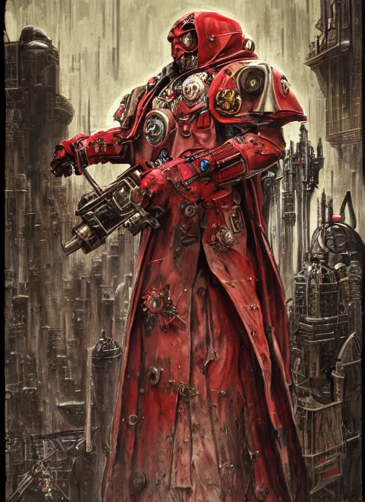 Image similar to portrait of rotten Nicolas Cage as adeptus mechanicus in red hood and robe from Warhammer 40000. Highly detailed, artstation, illustration by and John Blanche and zdislav beksinski and wayne barlowe