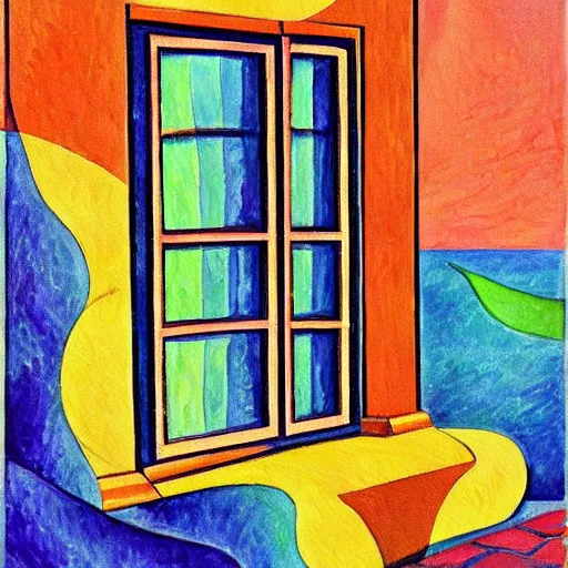 Image similar to a painting beautiful window open front view, fauvism, ornate, oil on canvas, art deco, digital illustration, colorful architectural drawing, watercolor painting, behance contest winner, vintage frame window, native art, trend in behance hd, 2 d illustration, detailed painting