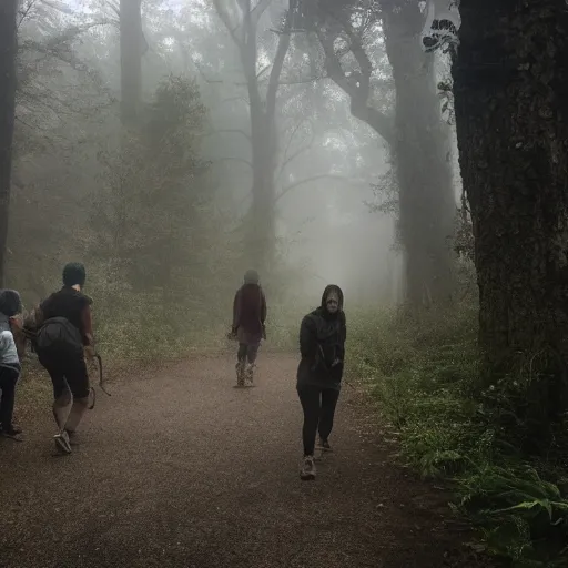 Prompt: a foggy miasma, attacking a group of adventures running through a forest