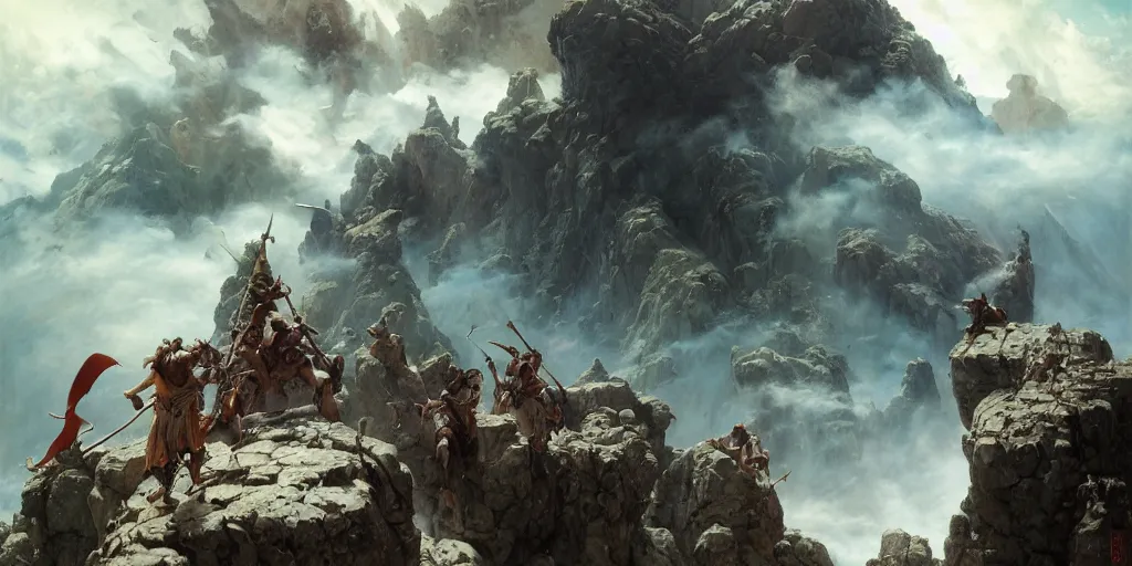 Image similar to barbarians, norse gods, fighting epic battle on rocks floating in the sky, celestial fortress in the clouds, thunder, good composition, artstation, 4 k illustration sharp focus cloceup sunlit painted by ruan jia raymond swanland lawrence alma tadema zdzislaw beksinski norman rockwell tom lovell alex malveda greg staples