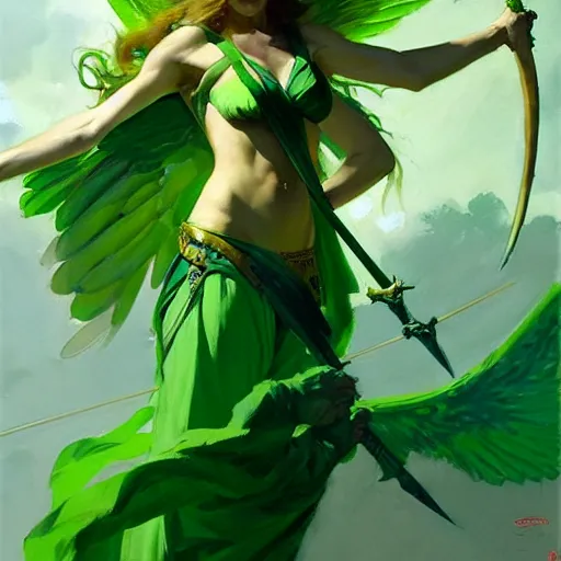 Image similar to greg manchess painting of goddess of hunt wearing green clothes, green and white long hair, long green wings, large green sword, trending on artstation, by huang guangjian and gil elvgren and sachin teng