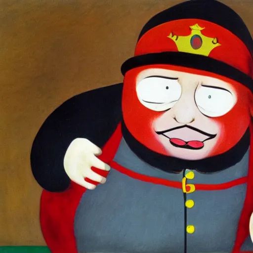 Image similar to a deliriously happy king Eric Cartman, portrait oil painting by Otto Dix, oil on canvas (1921)