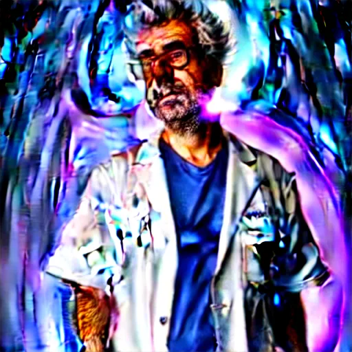 Image similar to portrait of rick sanchez, lab coat and tee shirt, lens flare, atmosphere, glow, detailed, intricate, full of colour, cinematic lighting, 4 k, hyperrealistic, focused, extreme details, cinematic, masterpiece