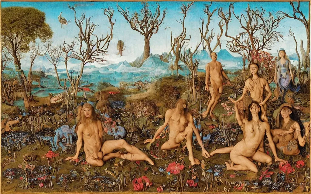 Prompt: a portrait photograph of a meditating centaur shaman and a flayed mermaid feeding harpies at a wide river delta. surrounded by bulbous flowers, animals and a few trees. mountain range under a blue sky of burning stars. painted by jan van eyck, max ernst, ernst haeckel, ernst fuchs and artgerm, trending on cgsociety