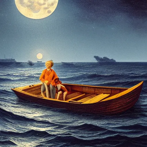 Image similar to man and daughter in a small boat on a rough sea late at night, moonlight reflections across water, hyper realism, high detail, deep aesthetic, rich colors, 4k, highly ornate intricate details,