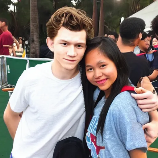 Image similar to Tom Holland with his arm around a Filipina college girl at Chapman University