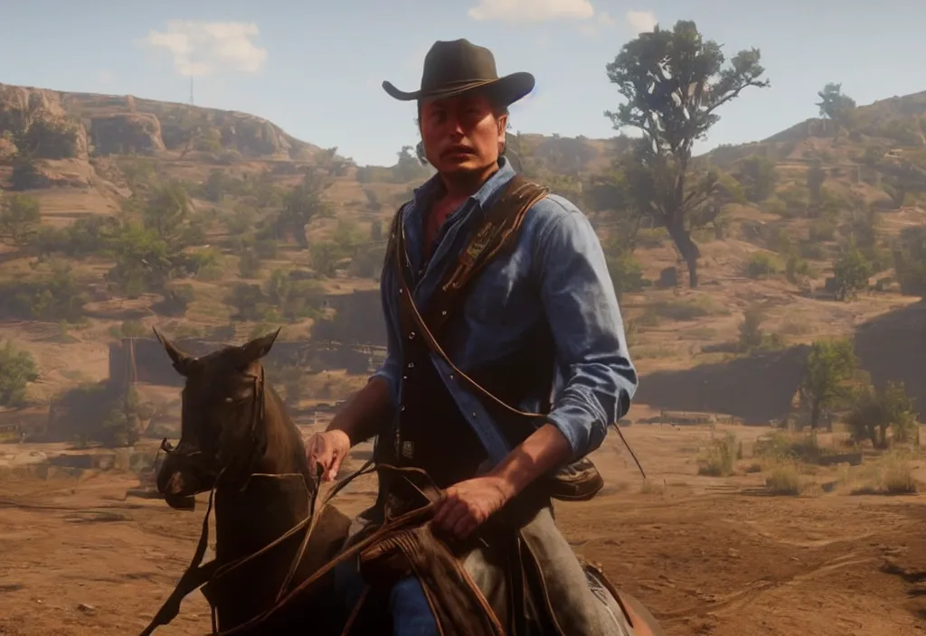 Image similar to elon musk in the red dead redemption 2, elon musk in the video game red dead redemption 2, gameplay screenshot, close up, 3 d rendering. unreal engine. amazing likeness. very detailed.