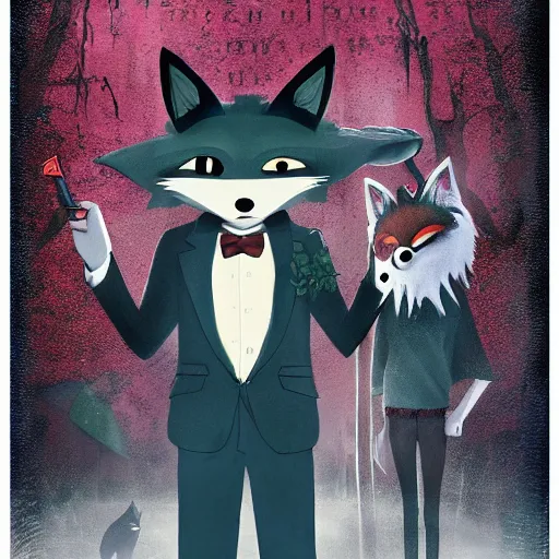 Image similar to blu-ray movie box cover for a horror film featuring an anthropomorphic black foxes dressed in casual clothing