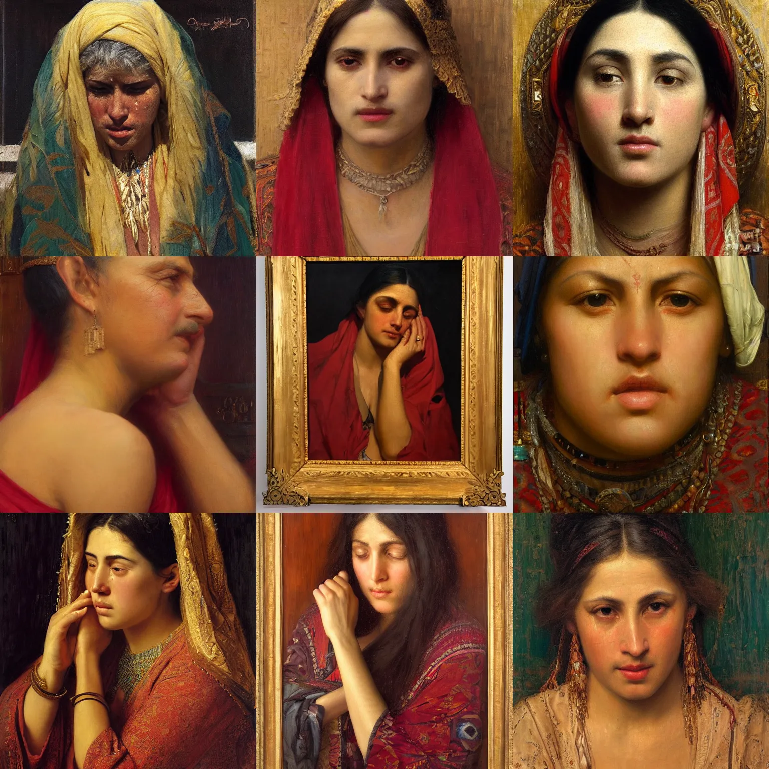 Prompt: orientalism weeping face tears on cheeks portrait by Edwin Longsden Long and Theodore Ralli and Nasreddine Dinet and Adam Styka, masterful intricate art. Oil on canvas, excellent lighting, high detail 8k