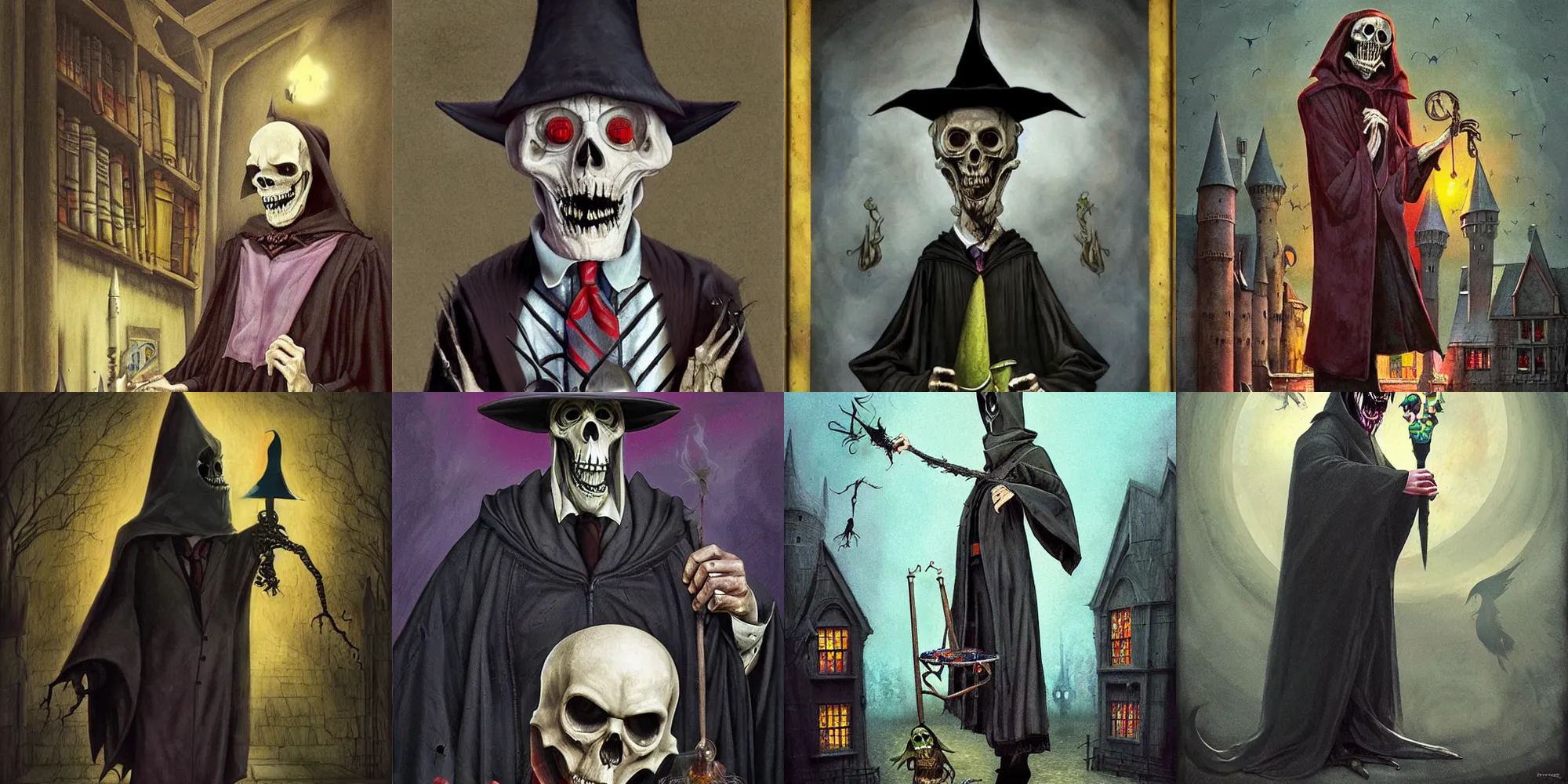 Prompt: the Reaper as a scary, but quirky, eccentric professor of Hogwarts School of Witchcraft and Wizardry, detailed, hyperrealistic, colorful, cinematic lighting, digital art by Paul Kidby’