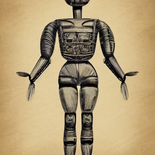 Prompt: technical drawing of ancient womanized humanoid robot, symmetrical, anatomically correct, old historical photo, ancient paper, photorealistic