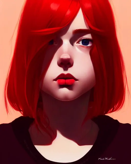 Image similar to a detailed portrait of a cute!!!! woman with red hair and freckles by ilya kuvshinov, digital art, dramatic lighting, dramatic angle