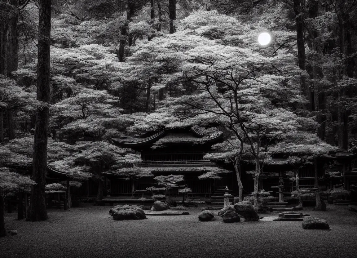 Image similar to realistic forest with an ancient Japanese shrine at night, Monochrome