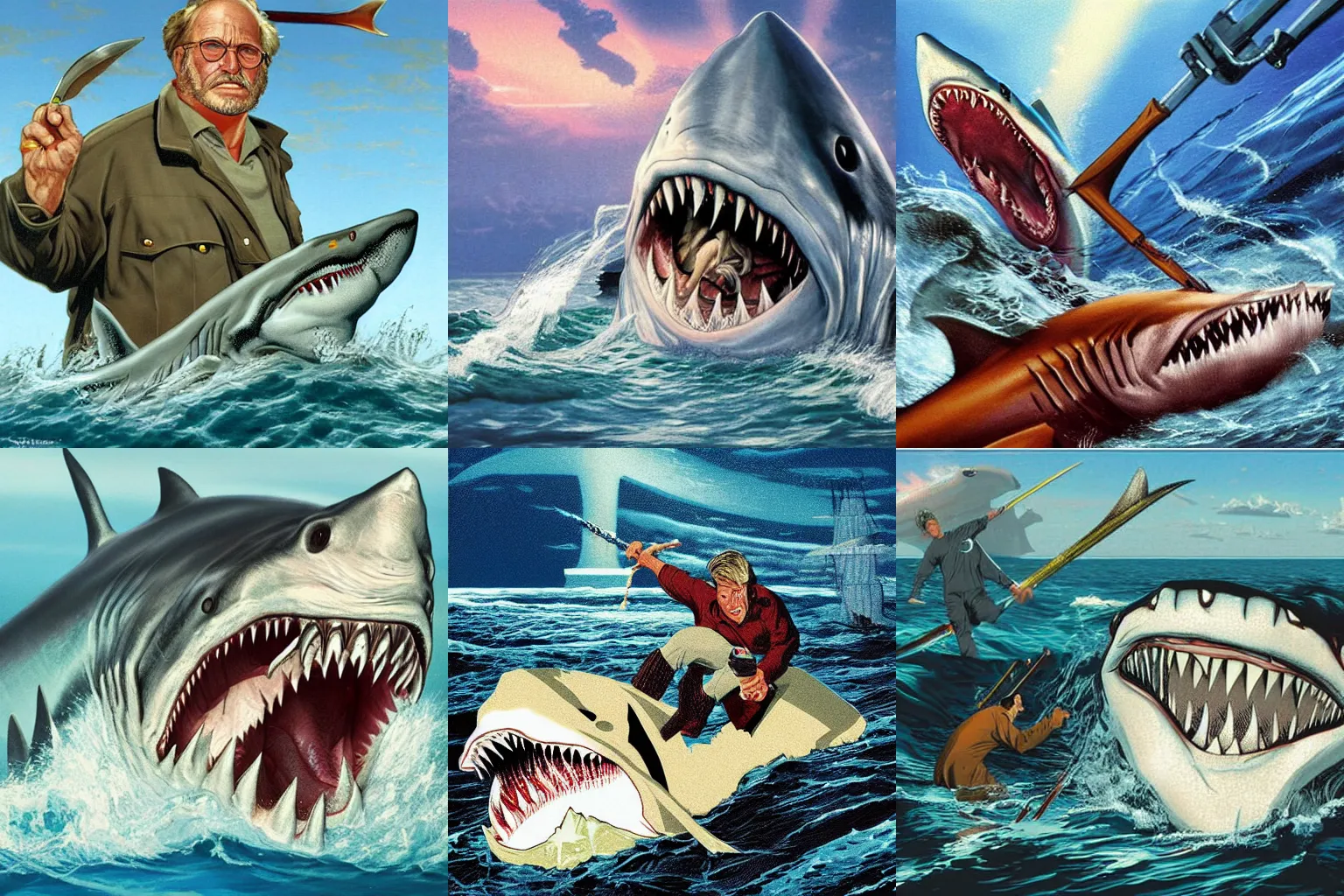 Prompt: Jaws artwork by Michael Whelan Rendering of Richard Dreyfuss with shark spear, full of details by Thomas Kinkade and Roy Lichtenstein, trending on artstation