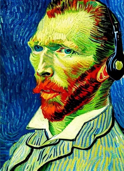 Prompt: lifelike oil painting self - portrait of van gogh wearing headphones