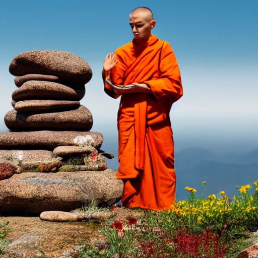 Prompt: slightly rusty robot monk in orange robes meditating in front of a worn stone shrine on a hilltop with wildflowers