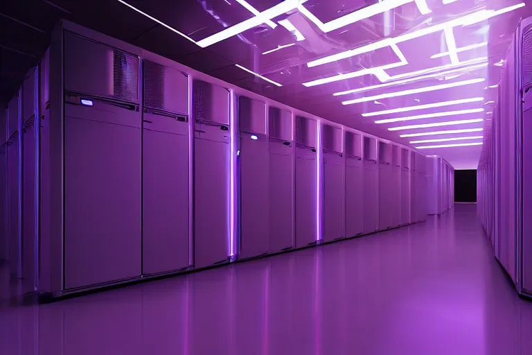 Image similar to hyperrealistic medium shot robot! in data center server building highly detailed concept art eric zener elson peter cinematic hard purple lighting high angle hd 8 k sharp shallow depth of field, inspired by david paul cronenberg and zdzisław beksinski