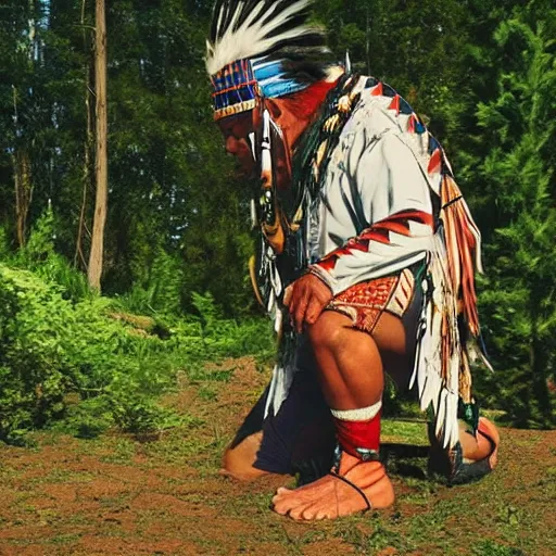 Image similar to native american kneeling down looking at the ground, looks like pixar movie, detailed