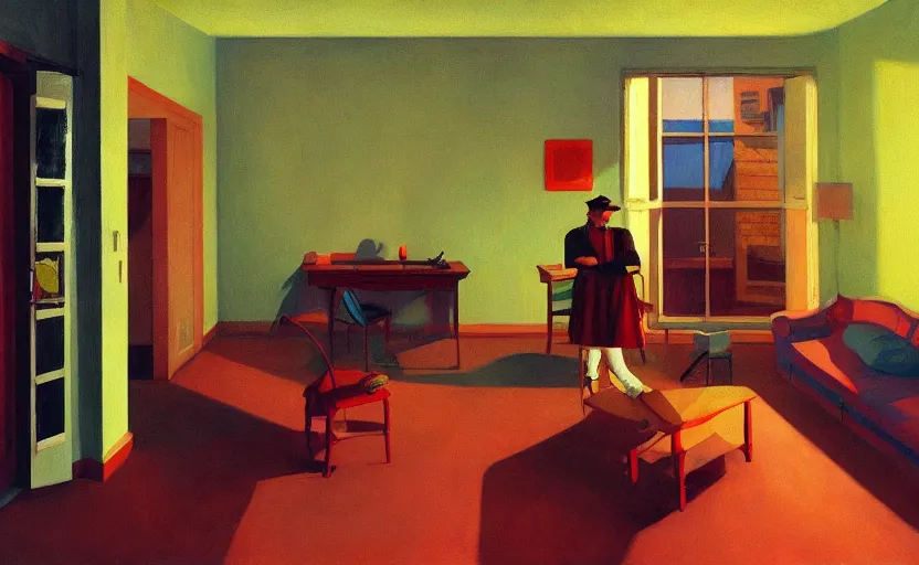 Prompt: Inside a lo-fi apartment, very coherent, painted by Edward Hopper, Wayne Barlowe, painted by James Gilleard, airbrush, art by James Jean