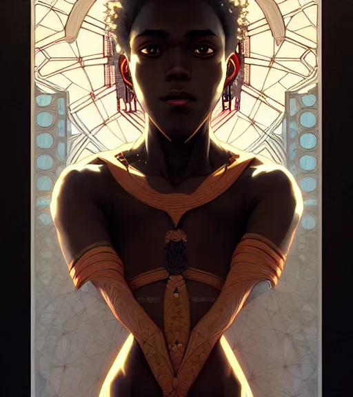 Image similar to symmetry black boy ultra detailed, intricate, anime, dynamic lighting, digital art, digital painting, art station, wlop, sharp focus, illustration, art by artgerm and greg rutkowski and alphonse mucha