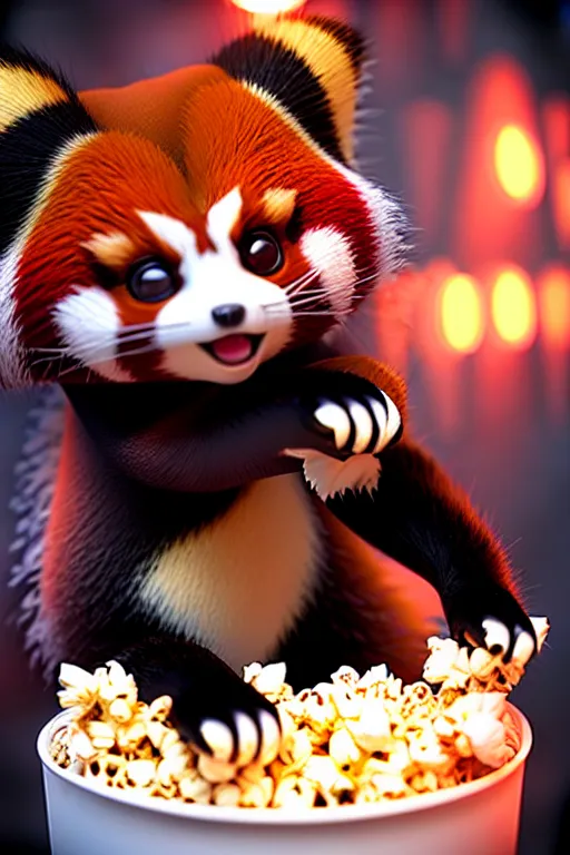 Image similar to high quality 3 d render hyperrealist very cute gothic happy red panda & cat hybrid eating popcorn, vray smooth, detective pikachu, very dramatic light, low angle, uhd 8 k, shallow depth or field