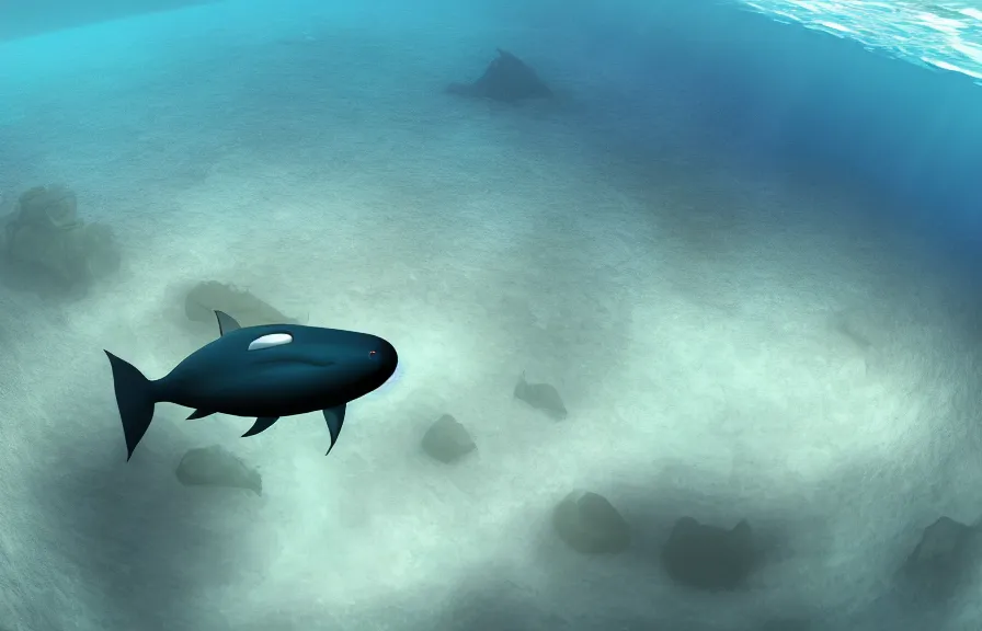 Prompt: a realistic cell - shaded cartoon showing an eel submarine swimming in front of a white pristine pyramid underwater at the bottom of the sea. shafts of sunlight come from above. wide shot, very dull muted colors, hd, 4 k, hq