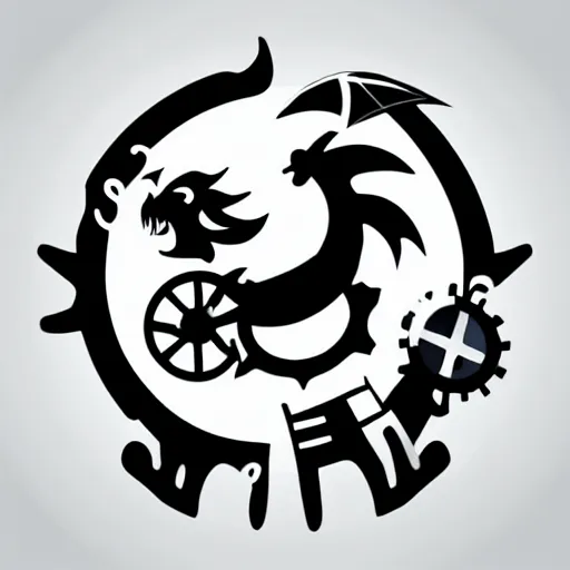 Image similar to a black logo on a white background of a well-designed head of a very cute dragon and gear wheel, vector graphics
