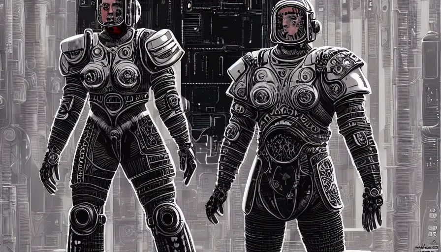 Image similar to full body portrait, a gladiator in space armor in the arena, cyberpunk, biomechanics, hyperrealism, detailed and intricate environment, art by laurie greasley