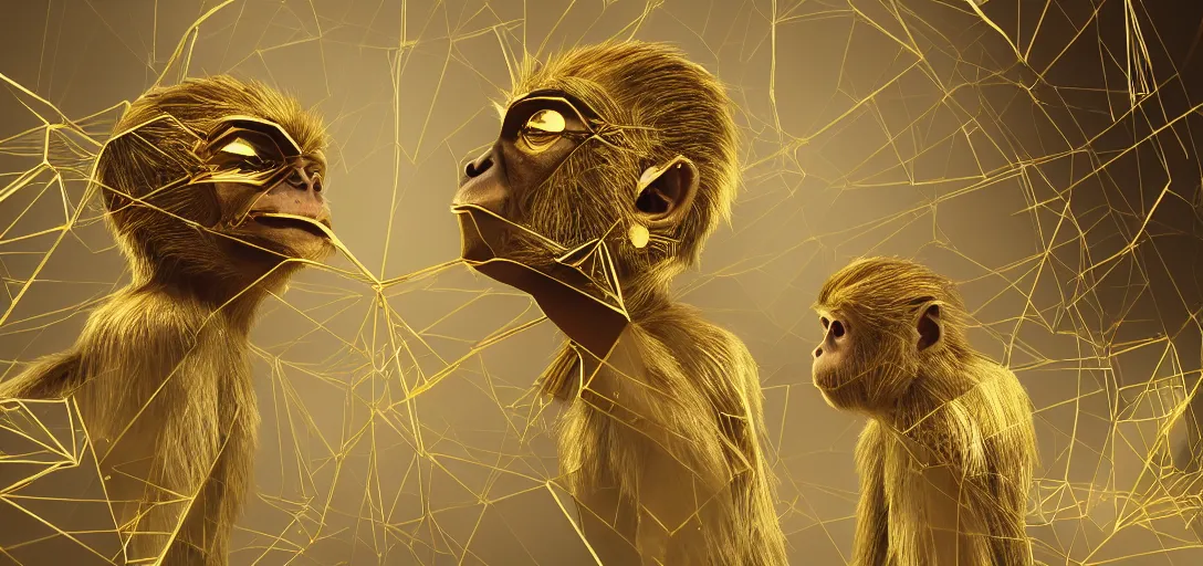 Prompt: two monkeys, gold scissors, a big diamond, symmetrical details, smooth, sharp focus, illustration, realistic, cinematic, artstation, gold, ornate, award winning, original modern artwork, rgb ethereal lighting, 8k