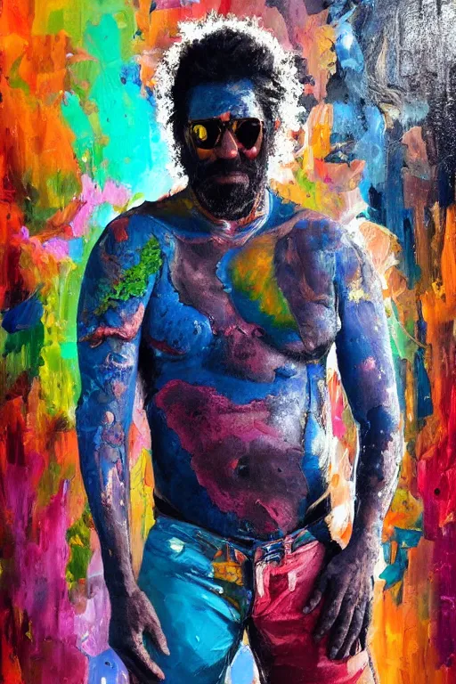 Prompt: palette knife oil painting portrait of a middle aged, athletic, lean, aboriginal australian hipster, open shirt, body paint, psychedelic, dreamtime, nightclub background, small smile, artstation trending, artgerm, any racial background, deviant art, hipster, octane, substance, art history 8 k