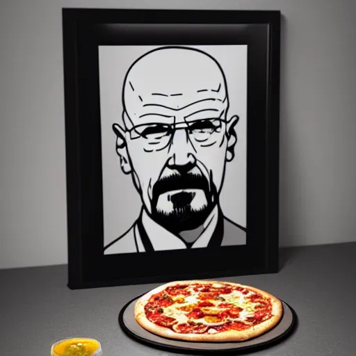 Prompt: pizza in the shape of walter white, promotional material, 4 k, professional photography