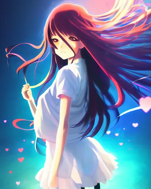 Image similar to anime style, vivid, expressive, full body, 4 k, painting, a cute magical girl with a long wavy black hair, stunning, realistic light and shadow effects, centered, simple background, studio ghibly makoto shinkai yuji yamaguchi