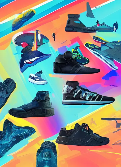 Image similar to “wide shot of sneakers that has details of plane and mechanics in texture with futuristic colorful background, cinematic lighting, light fog, backlit, digital art, trending on Artstation”