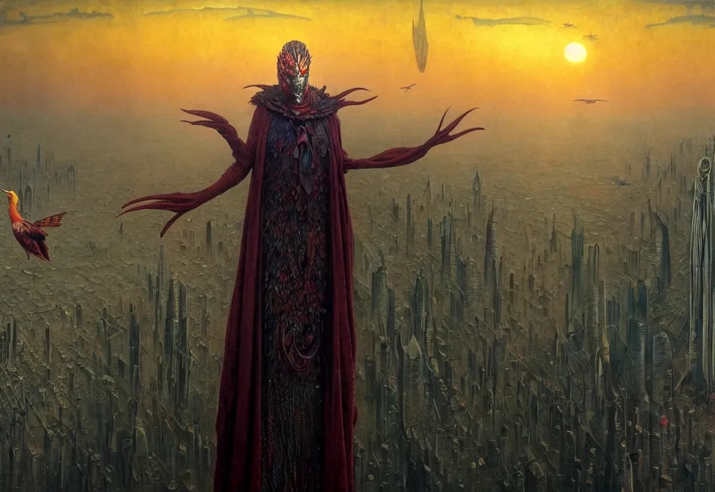 Prompt: realistic detailed portrait movie shot of a birdman wearing dark ragged robes, futuristic city sunset landscape background by denis villeneuve, amano, yves tanguy, alphonse mucha, ernst haeckel, max ernst, roger dean, rich moody colours, cinematic