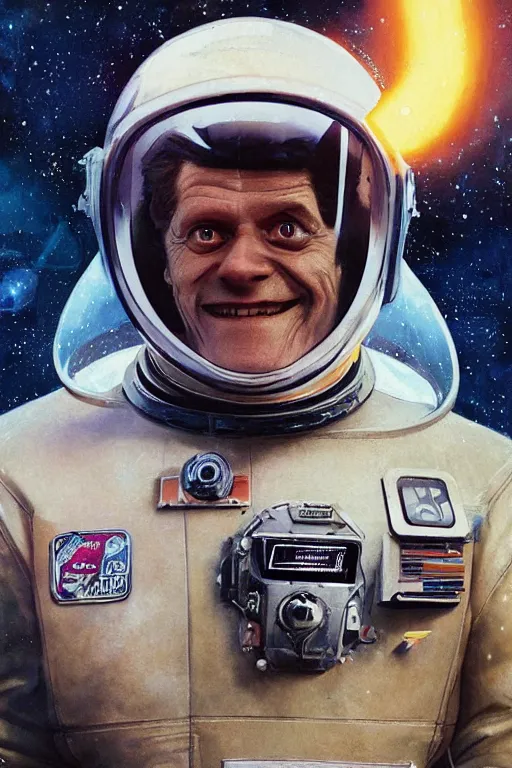 Image similar to portrait of a fat willem dafoe wearing leather spacesuit, nebula space background and spaceship, illustration by normal rockwell, jacob collins, artstation character art, john berkey, greg rutkowski