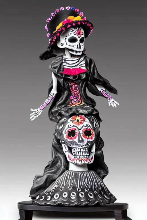 Image similar to intricate and detailed dancing Mexican La Catrina statue made on embossed polished clay by Antonio Corradini